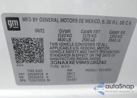 2021 Chevrolet Equinox Awd Premier z USA, uszkodzony, nr VIN 3GNAXXEV9MS180243